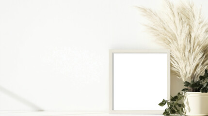 Minimalist home decor with blank frame and pampas grass