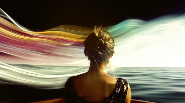 A woman looks out over the ocean with stylized and colorful abstract waves creating a feeling of wonder and excitement. Feeling, sound, energy - meditation and travel concept