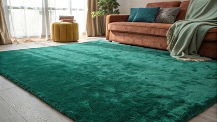 Fototapeta premium A plush emerald green rug adds a touch of nature to a modern living room, creating a cozy and inviting atmosphere.