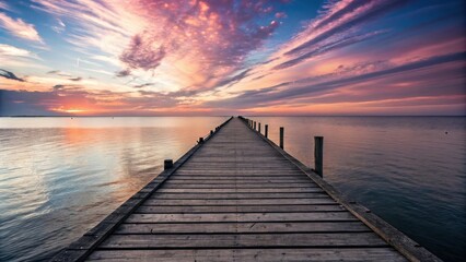 Obraz premium A wooden pier extending towards the horizon as the sun sets over a calm lake, painting the sky with hues of pink and orange. The clouds reflect in the water, creating a mesmerizing spectacle.