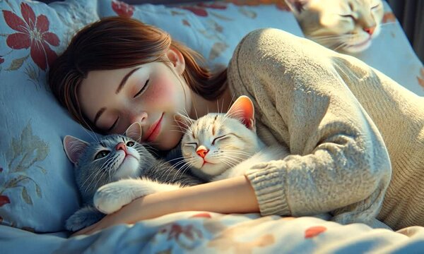 Girl peacefully sleeps nestled with two adorable cats in bed.