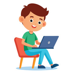 a boy is using his laptop vector