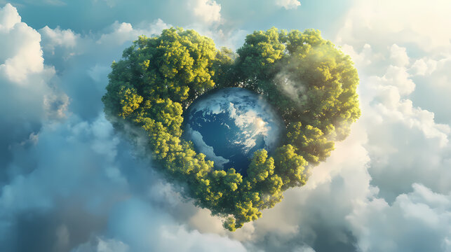 A heart-shaped tree with earth in its center, encircled by clouds and verdure. Verdure. Illustration