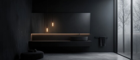 Modern bathroom with a minimalist design. the walls are painted black and the floor is made of concrete.