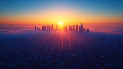 Los Angeles skyline with smog layers visible in the distance, captured at sunrise