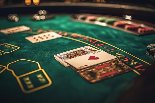 Close-up of a casino poker table with cards and chips, depicting a high-stakes game.
