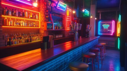 Neon-lit bar, vibrant colors, stocked shelves, stools.