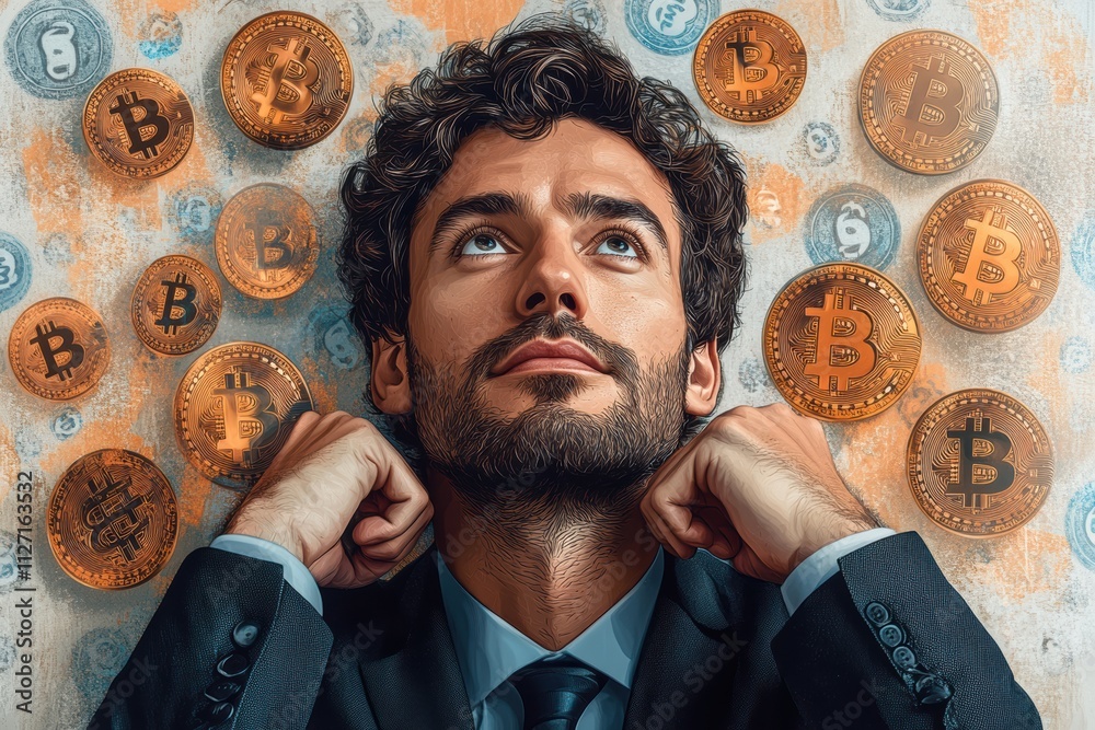 Aufkleber bitcoin tokens and dollar signs forming a symbolic background behind a thoughtful man in modern busi