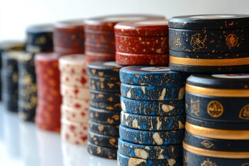 Stacks of vintage casino poker chips with intricate designs and gold accents.