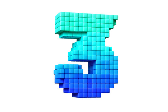 Digital typeface pixel art style digit number 3 in blue gradient. High definition 3D rendering.