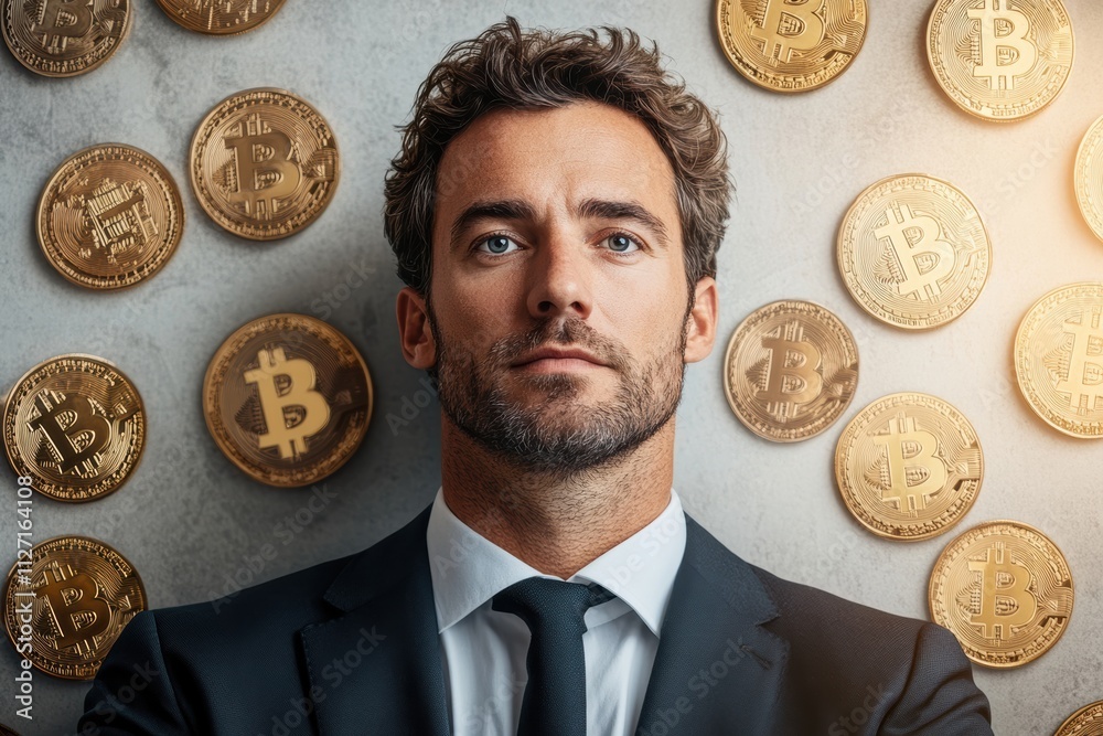 Poster bitcoin tokens and golden dollar signs forming a dynamic background around a thoughtful man in profe