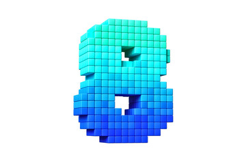 Pixel art font digit number 8 in blue gradient color scheme. High quality 3D rendering.