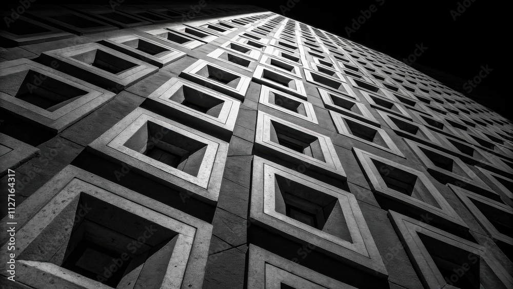 Poster a low angle perspective of a building facade with a repeating pattern of square windows, casting a p