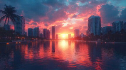 Fototapeta premium Miami skyline during golden hour, with glowing reflections in the city canals