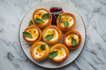 A medium shot of a white plate with small round cheese pastries