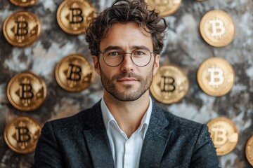 Bitcoin tokens and golden dollar signs forming a dynamic background around a thoughtful man in professional attire, perfect for branding.