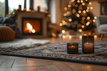 Obraz premium A cozy living room with a fireplace and a Christmas tree