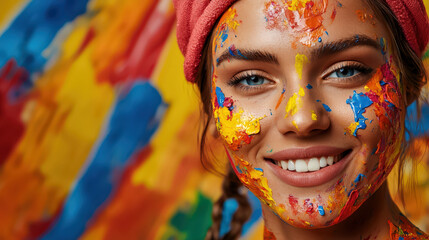 Obraz premium vibrant close up portrait of painter with colorful paint on her face, smiling joyfully against bright, abstract background. expression radiates creativity and passion