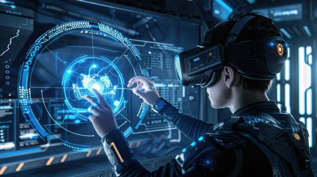 Person in VR headset interacts with futuristic interface