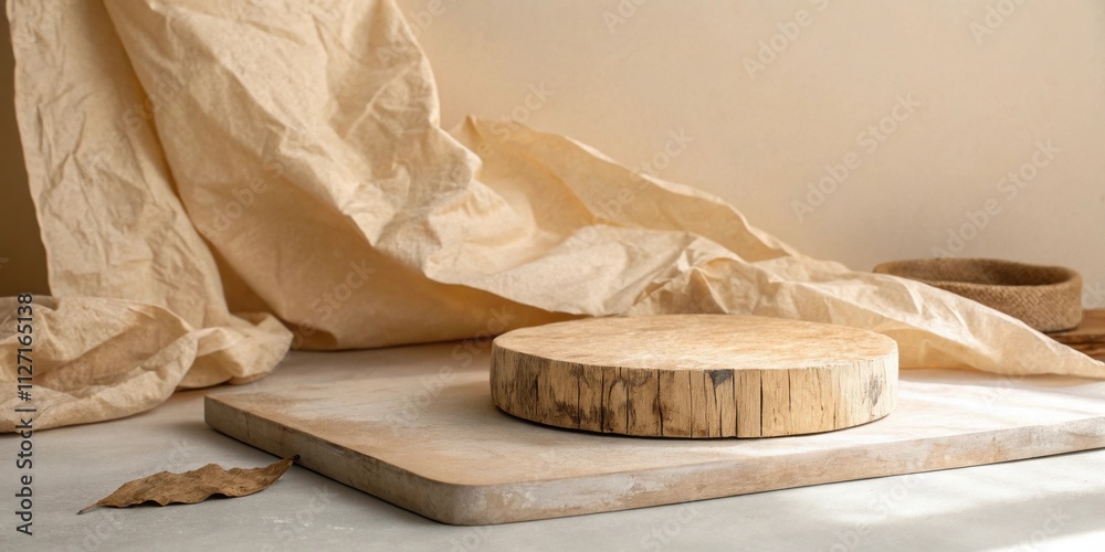 Poster a rustic wooden platform with a natural linen backdrop, perfect for showcasing products in a minimal