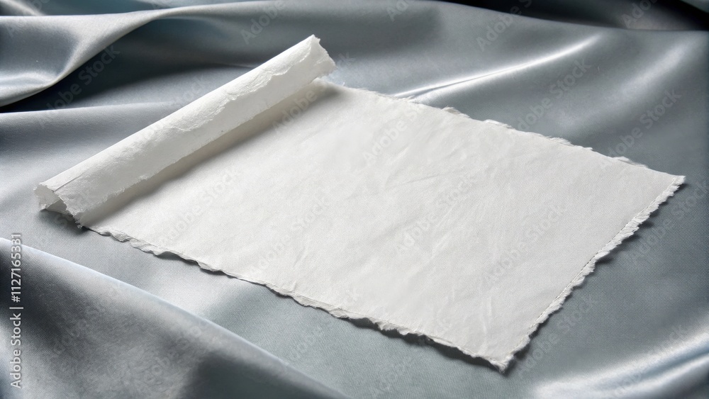 Aufkleber a rolled piece of paper with rough edges lying on a smooth grey fabric surface