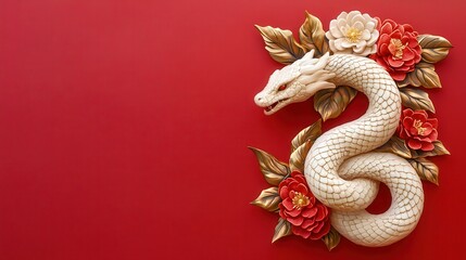 Obraz premium Chinese New Year. White dragon entwined with flowers on a red background.