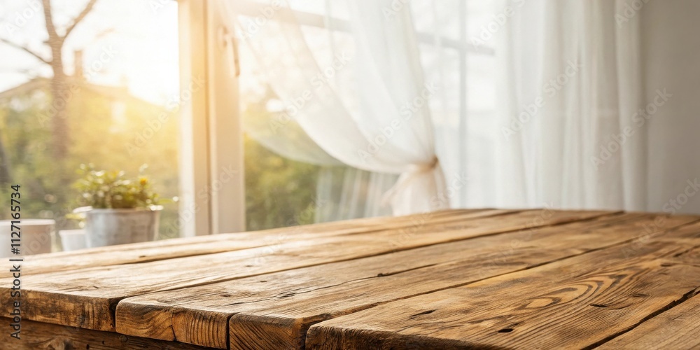 Poster Rustic Wooden Tabletop With Blurry Background Of Sunlight Streaming Through A Window With Sheer Curtains