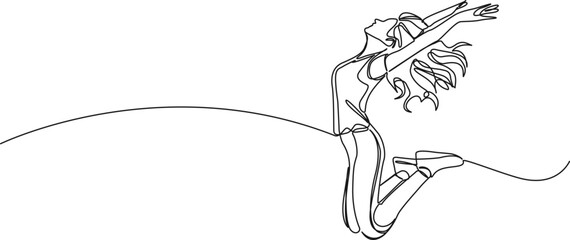 continuous line drawing of woman jumping up in joy, line art vector illustration