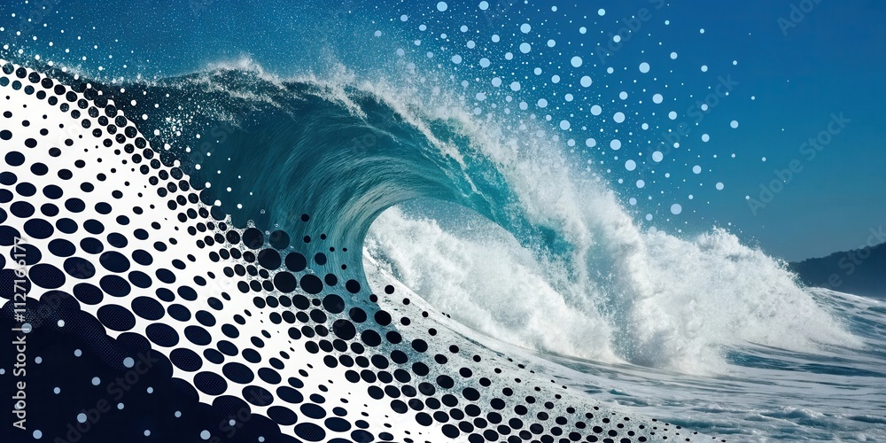 Poster A crashing wave with a swirling abstract pattern of black and white circles against a blue sky with white circle overlays