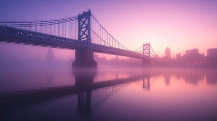 Fototapeta premium Philadelphia skyline with the Benjamin Franklin Bridge in the foreground during a misty sunrise