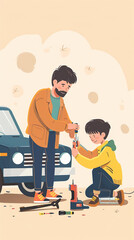 Father and son repairing car together