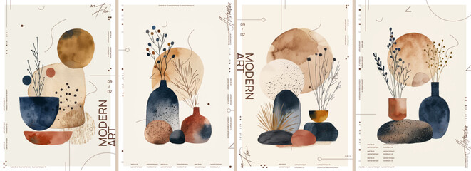 A set of four minimalistic abstract organic shapes, watercolor illustrations with boho vases, plants and leaves. Vector posters with muted colors in beige, terracotta, blue and brown earth tones.