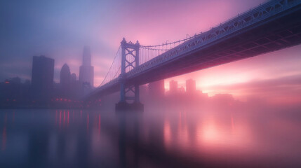 Fototapeta premium Philadelphia skyline with the Benjamin Franklin Bridge in the foreground during a misty sunrise