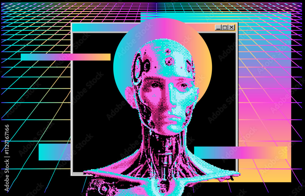 Aufkleber A humanoid pixel-style robot with many open app windows behind it.