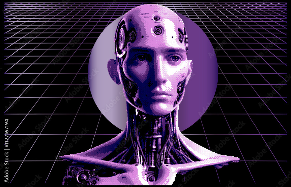 Aufkleber Humanoid robot face with glitchy pixel artifacts. Conceptual vector illustration of the fusion of technology and humankind.