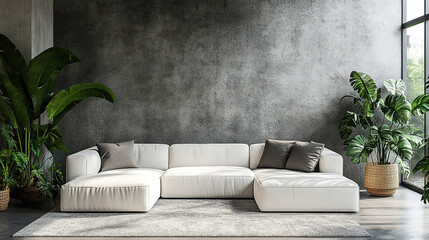 Fototapeta premium Elegant Studio Apartment Design with White Sofa and Concrete Wall in Loft Style