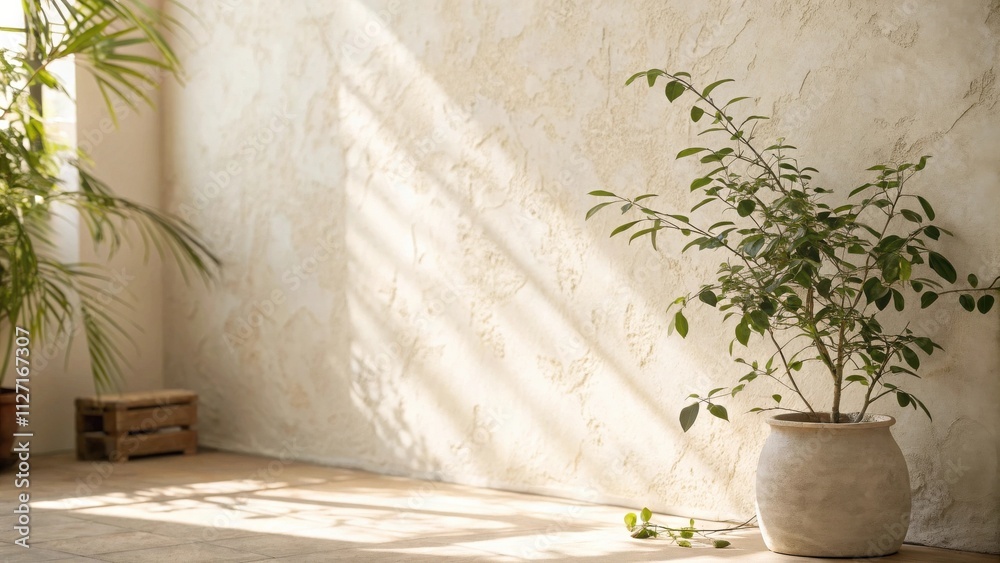 Poster sunlight streaming through a window onto a plant in a pot against a textured wall