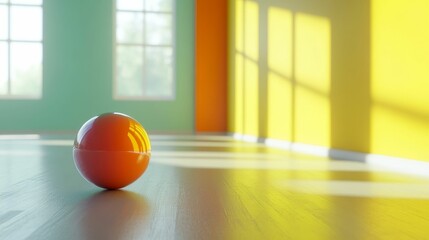 Shiny sphere rests on colorful room's floor.
