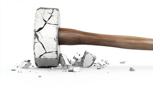 hammer breaking through a white surface isolated on white background