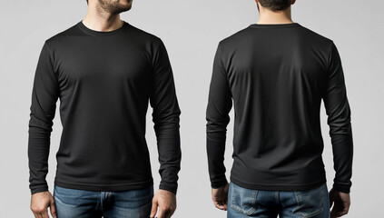 A mock-up, front and back view of an attractive man wearing a long-sleeved black t-shirt against a gray background.