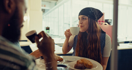 Drinking, relax and chat with friends in coffee shop for conversation, reunion and communication....