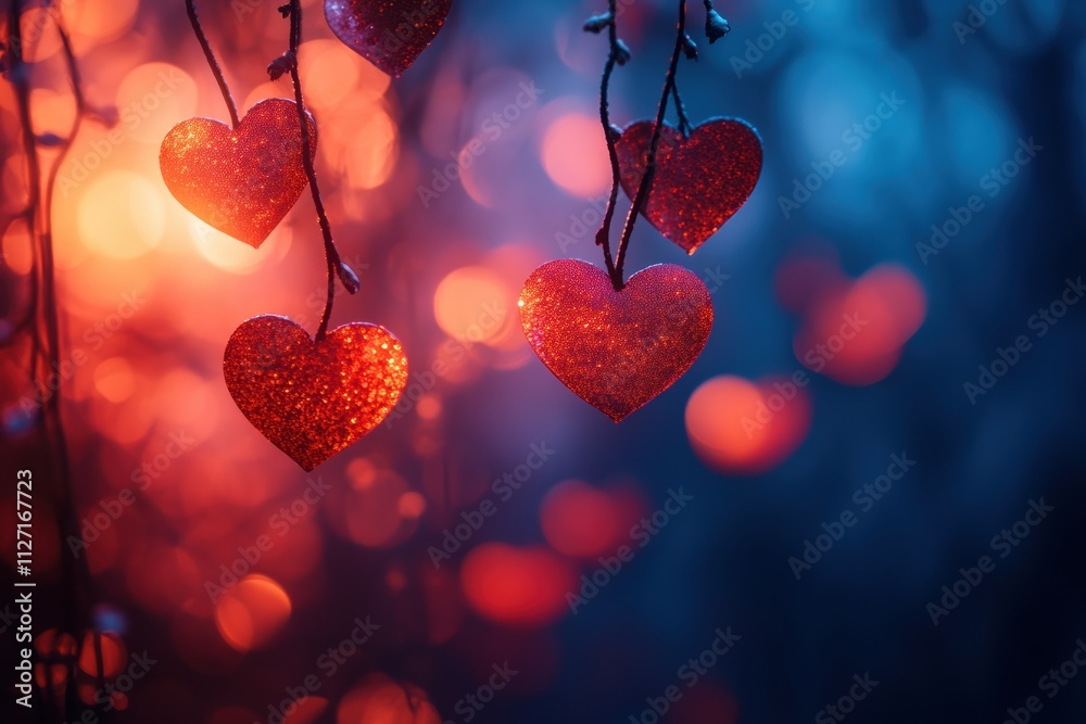 Poster colorful heart bokeh background with soft, blurred edges and glowing tones, perfect for romantic vis