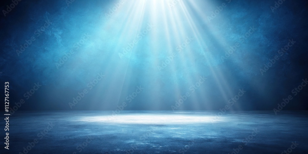 Poster A single spotlight shines down on an empty concrete floor, illuminating a mysterious and ethereal blue space.