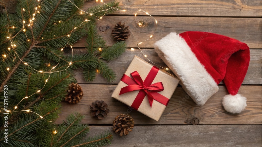 Poster festive christmas gift wrapped in brown paper with a red bow beside a santa hat on rustic wood with 