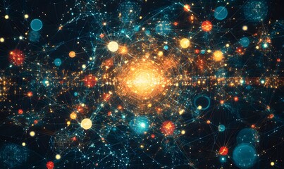 An abstract design with intricate geometric patterns and interconnected dots