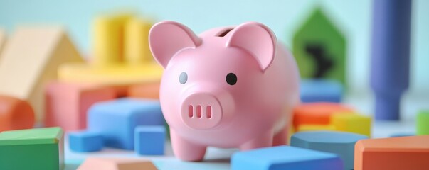 Obraz premium A cheerful pink piggy bank surrounded by colorful building blocks, symbolizing savings and childhood playfulness.