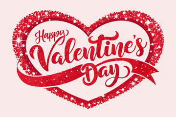 Happy valentines day typography with glitter heart frame vector illustration