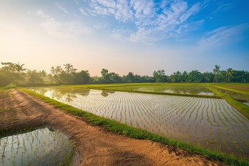 A beautiful morning view of paddy fields with a rich blue sky and a few clouds