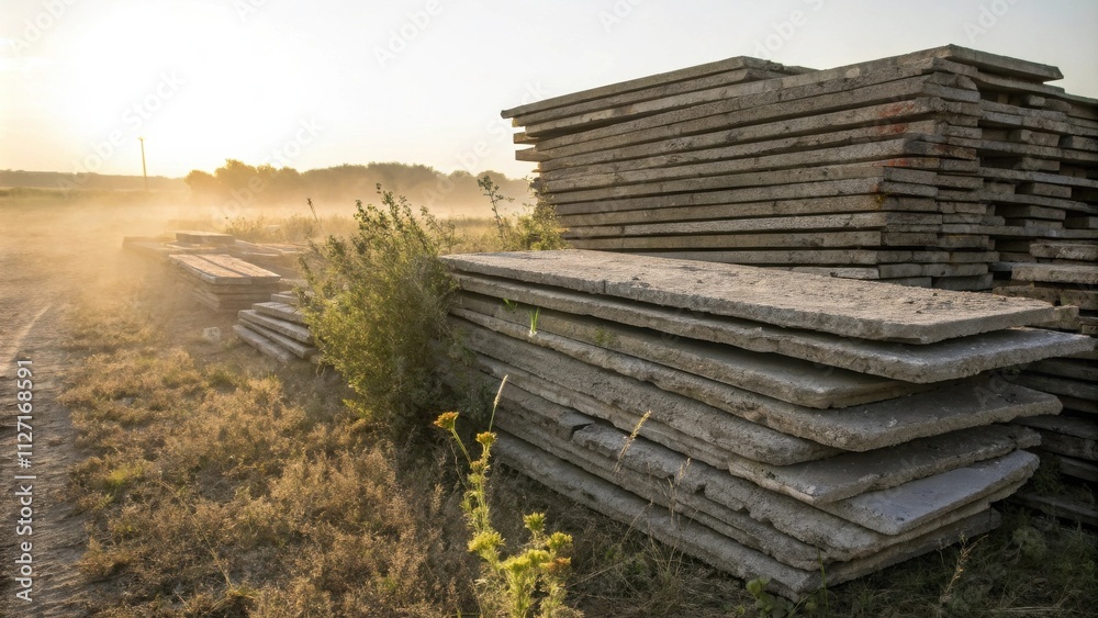 Poster A stack of concrete slabs sits amidst a field of dried grass and a scattering of wildflowers, illuminated by the soft glow of the setting sun, creating a quiet and evocative scene.
