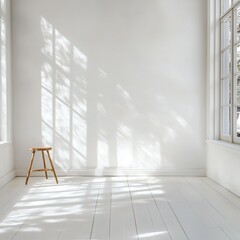 Minimalism Image of a White Studio Room with White Walls, Natural Lighting, and a Chair